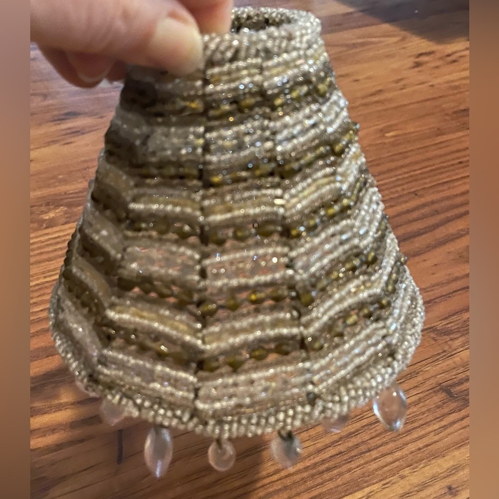 Beaded Tassel Lamp Candle Shade Vintage Accent in Taupe and White Shabby Chic